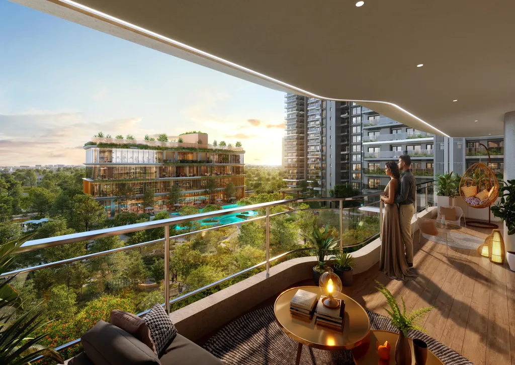 A wraparound balcony at Eldeco 7 Peaks looking out over the clubhouse and landscaped greens