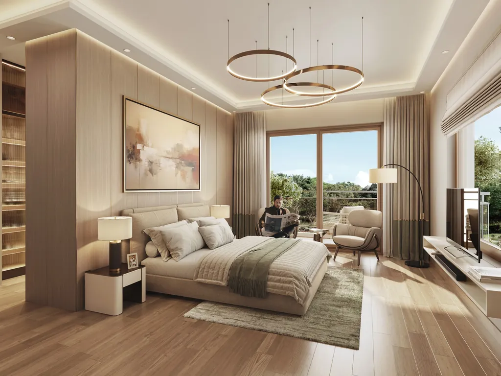A bedroom interior at Eldeco 7 Peaks Residences with full-height glazing onto a balcony